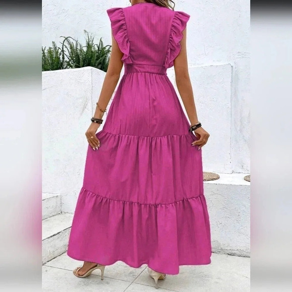 Solid Ruched Ruffle Hem Dress - Picture 3 of 4